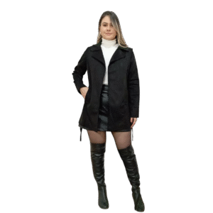 Casaco Suede Macio Gola Lapela Parka Ajustável Inverno 2025 Preto