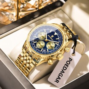 Poedagar relógio masculino moderno, cronógrafo, data, à prova d'água, luminoso, aço inoxidável, quartzo, esportivo, luxo, relógio de pulso masculino