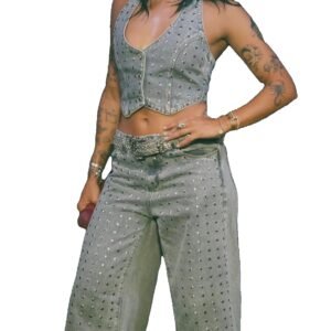 Calça jeans Consciência feminina wide relaxed com aplicação