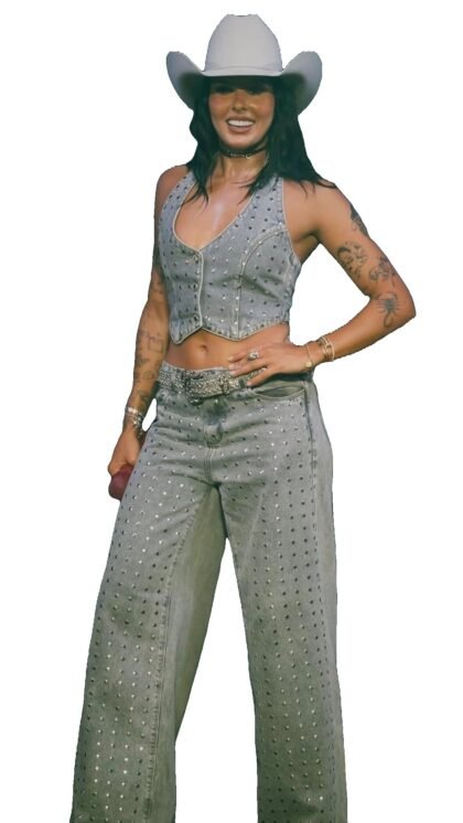 Calça jeans Consciência feminina wide relaxed com aplicação