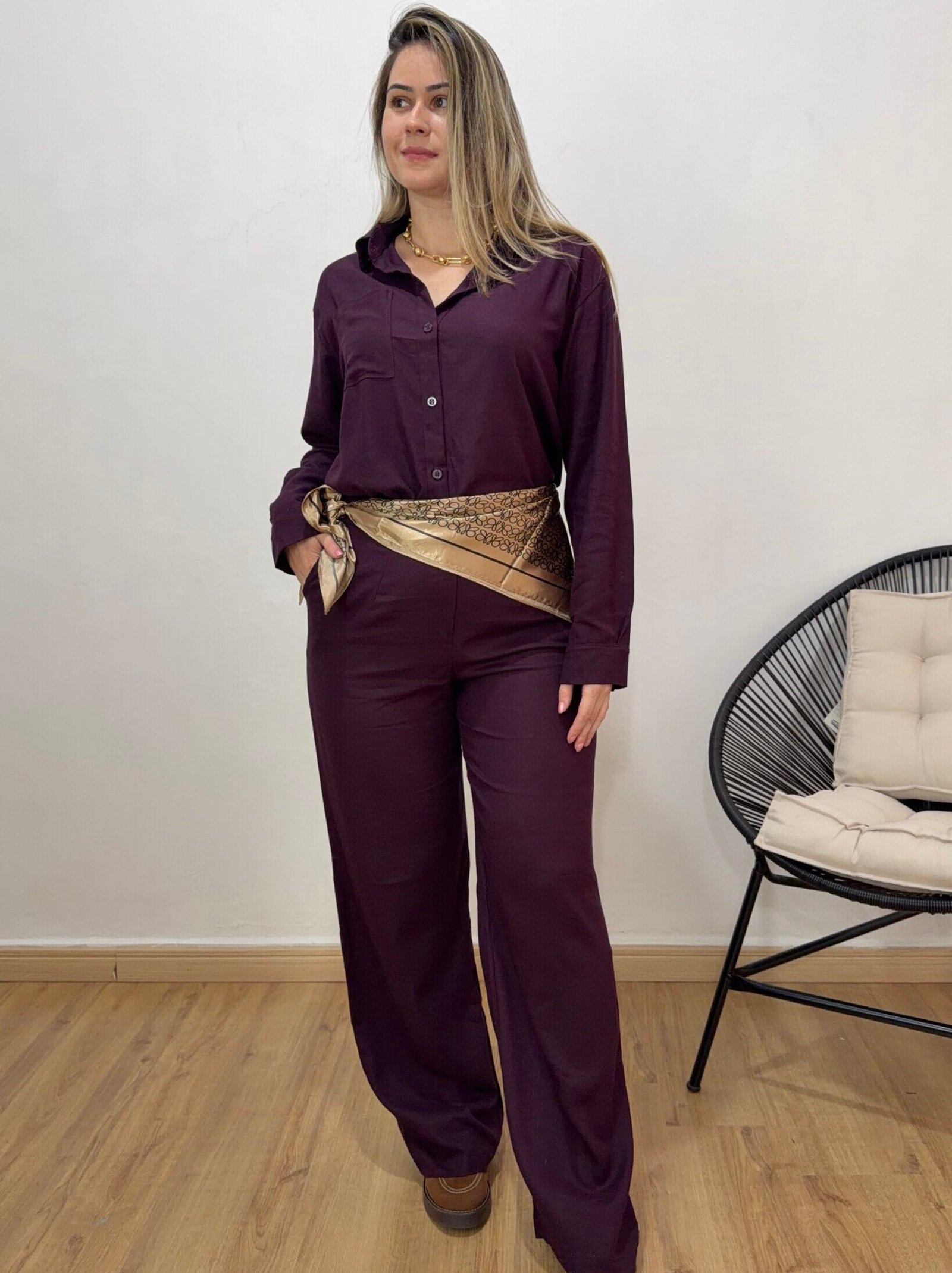 Conjunto PA feminino camisa e calça pantalona 100% linho