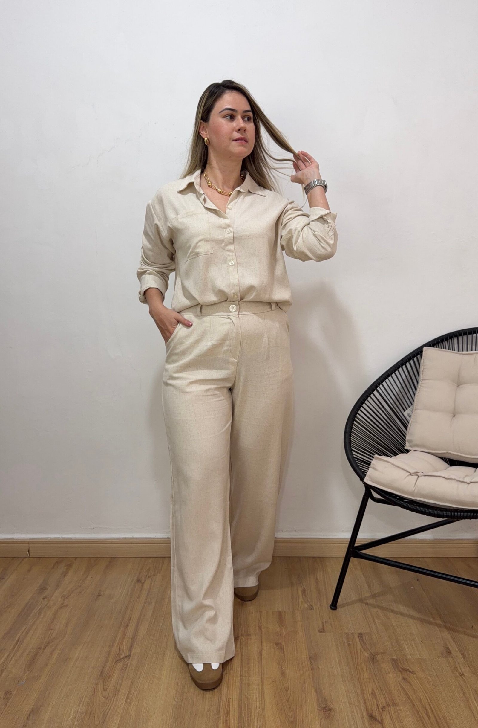 Conjunto PA feminino camisa e calça pantalona 100% linho - Imagem 8