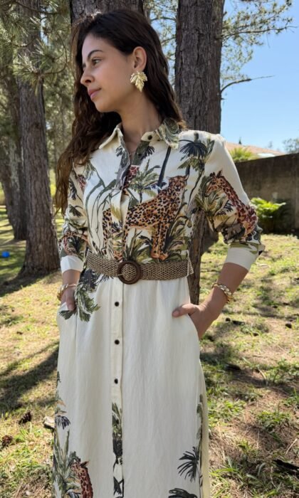 Vestido Chemise Estampa Safari Tropical