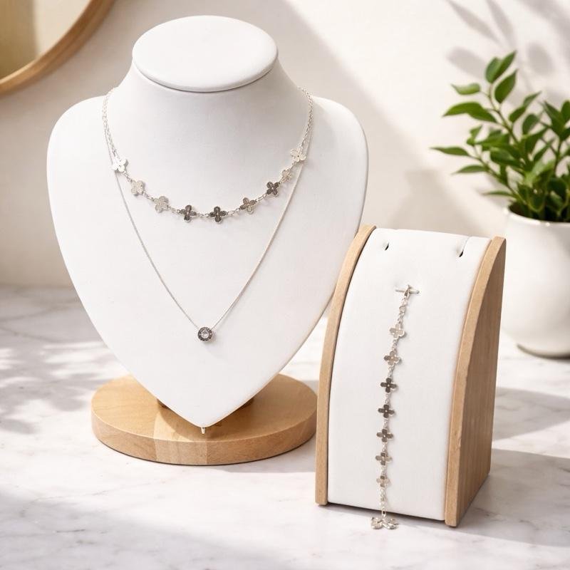 Colar e Pulseira Folheado a Prata Conjunto Feminino Qualidade Elegante e Durável Trevinho