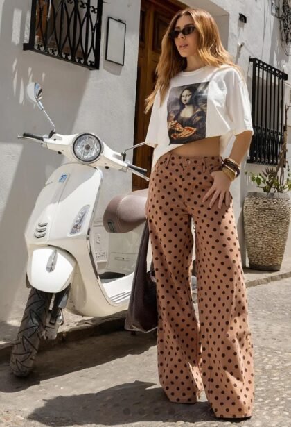 Calça Jeans Wide Leg Feminina Relaxed com Estampa Poá 25781 Marrom Claro