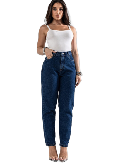 Calça Jeans Feminina Mom Consciência Cintura Alta Algodão Escura OSKH