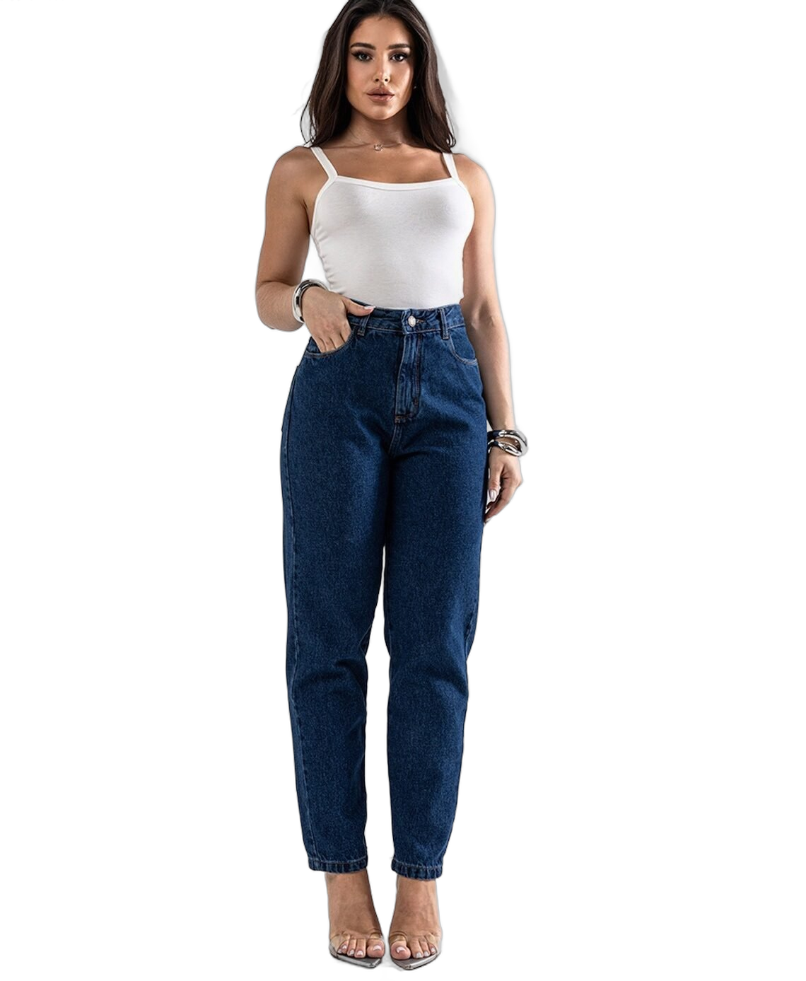 Calça Jeans Feminina Mom Consciência Cintura Alta Algodão Escura OSKH