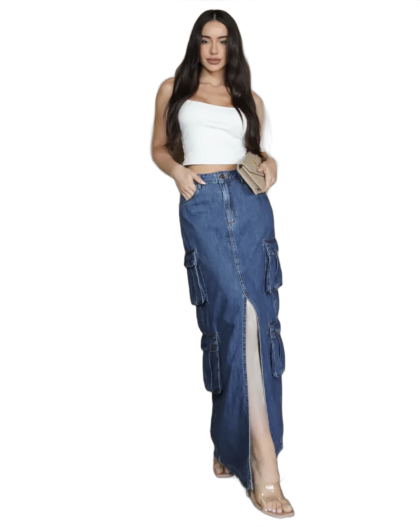Saia Longa Cargo Feminina Consciencia Jeans 25106 Escura