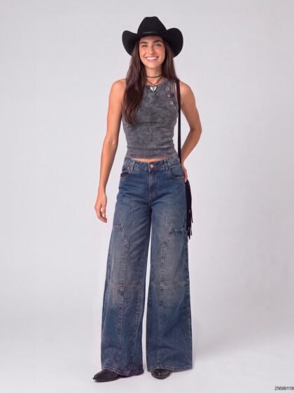 Calça Consciência Jeans Wide Leg Jeans Bolsões Ana Castela